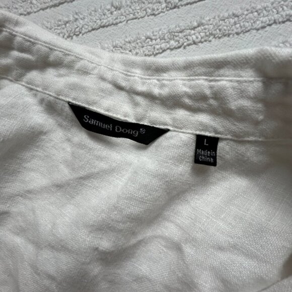 Samuel Dong 100% Linen Shirt Large Button Up Tie-Front White Black Embroidered - Picture 3 of 9